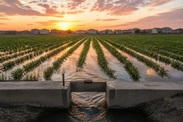 Flood-irrigated alfalfa field at sunrise with a sheet of water advancing down the rows and new rooftops on the far edge