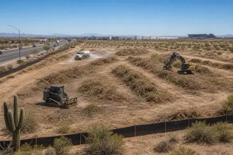 Multi-acre commercial clearing beside a suburban arterial with mulched brush windrows, silt fence, and a water truck wetting the haul path
