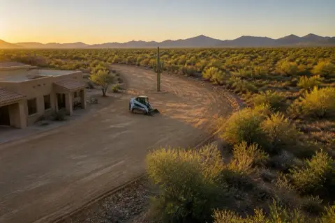 Stucco home on the desert edge with a fresh cleared defensible-space band around it, one saguaro preserved inside the zone with a neat radius, untouched creosote beyond