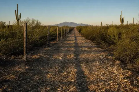 Ruler-straight cleared strip beside an old ranch fence, wire showing again between weathered mesquite posts, brush walls flanking the cut