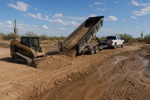 Dump trailer tipping pale fill dirt into a washed-out corner of a cleared lot while a skid-steer spreads it, monsoon rills still visible nearby