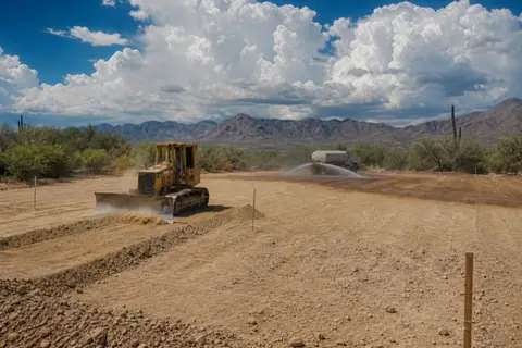 Small dozer working a homesite pad level in pale caliche, string lines set, while a water truck lays dust-control spray behind it