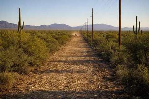 Long cleared utility easement running straight through mesquite scrub with power poles marching toward the horizon in evening light