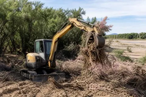 Excavator thumb pulling a feathery salt cedar thicket from a sandy river-bottom bank while native mesquite bosque stands untouched behind