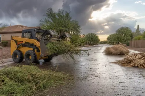 Grapple loader lifting a wind-snapped mesquite limb from a yard after a monsoon storm, palm fronds raked into piles and a clearing sky behind