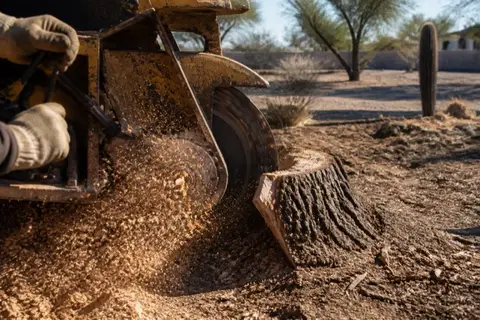 Carbide grinding wheel buried in a heavy mesquite stump, chip spray caught mid-air over hard caliche ground in afternoon light